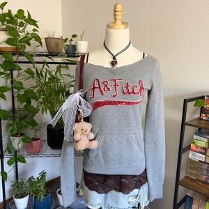 Vintage Y2K Abercrombie & Fitch Off The Shoulder Sweatshirt Grey/Pink Womens S‎